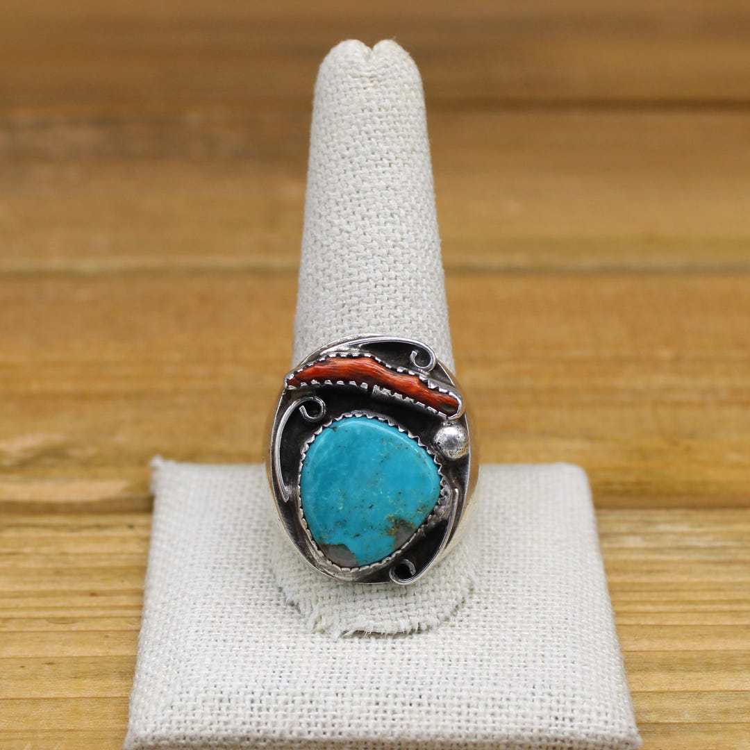 Vintage Sterling Silver Men's Turquoise and Coral Statement Ring Size ...