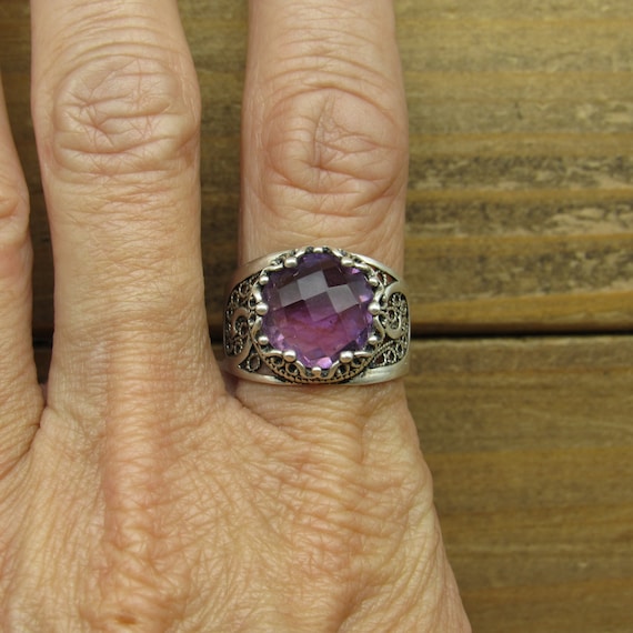 Amethyst Faceted Gemstone 925 Sterling Silver Vintage Ring