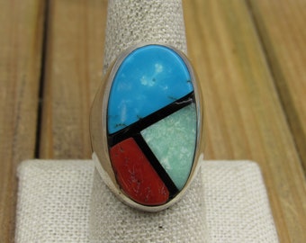 Vintage Large Oval Sterling Silver Multi-Stone Inlay Ring Size 9.75