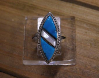 Vintage Sterling Silver Turquoise and Mother of Pearl Ring Size 6.75