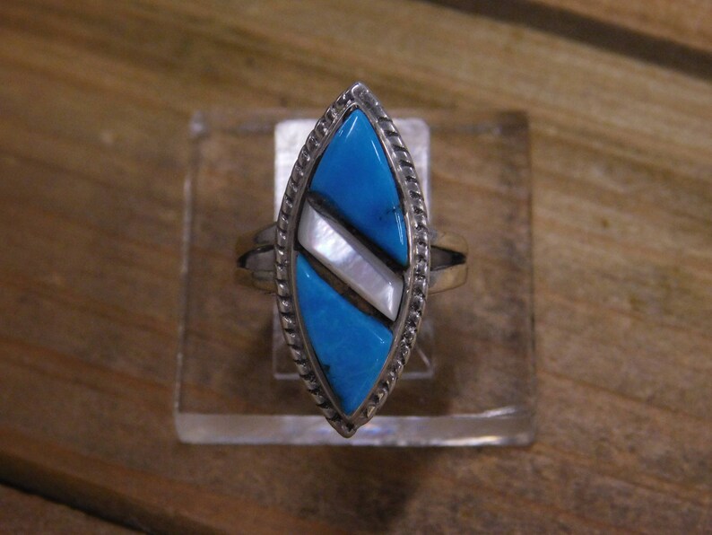 Vintage Sterling Silver Turquoise and Mother of Pearl Ring Size 6.75 image 1