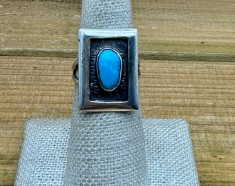 Vintage Sterling Silver Rectangle Turquoise Shadowbox Ring Size 7
