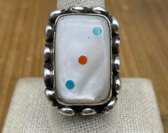Vintage Mother Of Pearl Multi Stone Large Sterling Silver Ring Size 10.5