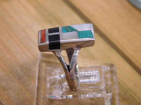 Sterling Silver Multi-Colored Inlay Ring Size 7.5 - image 2