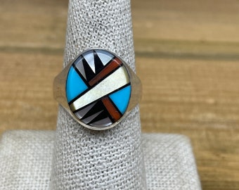 Vintage Sterling Silver Oval Shaped Multi-Stone Inlay Ring Size 8.75