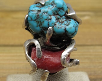 Vintage Large Chunky Turquoise Nugget and Branch Coral Statement Ring Size 7