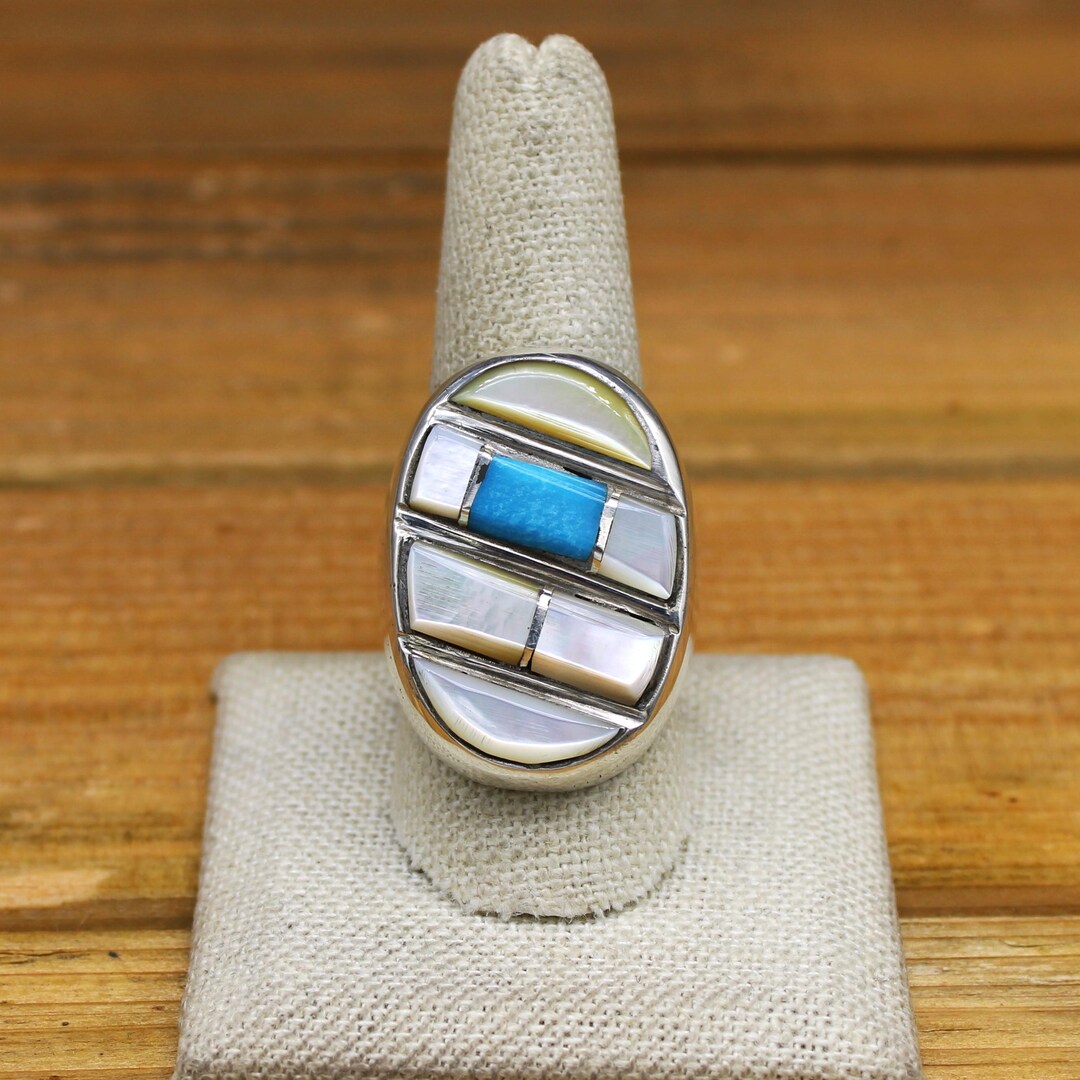 Vintage Sterling Silver Mother of Pearl and Turquoise Inlay Ring Size ...