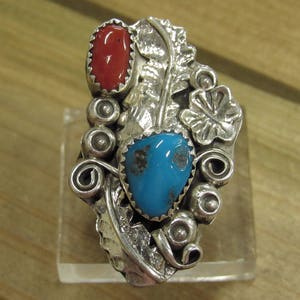 Vintage Sterling Silver Coral and Turquoise Ring Size 10