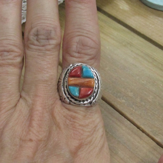 Vintage Sterling Silver Inlay Ring Size 8 - image 5