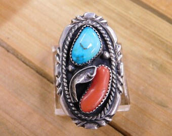 Beautiful Vintage Turquoise and Coral Sterling Silver Ring Size 9 1/2