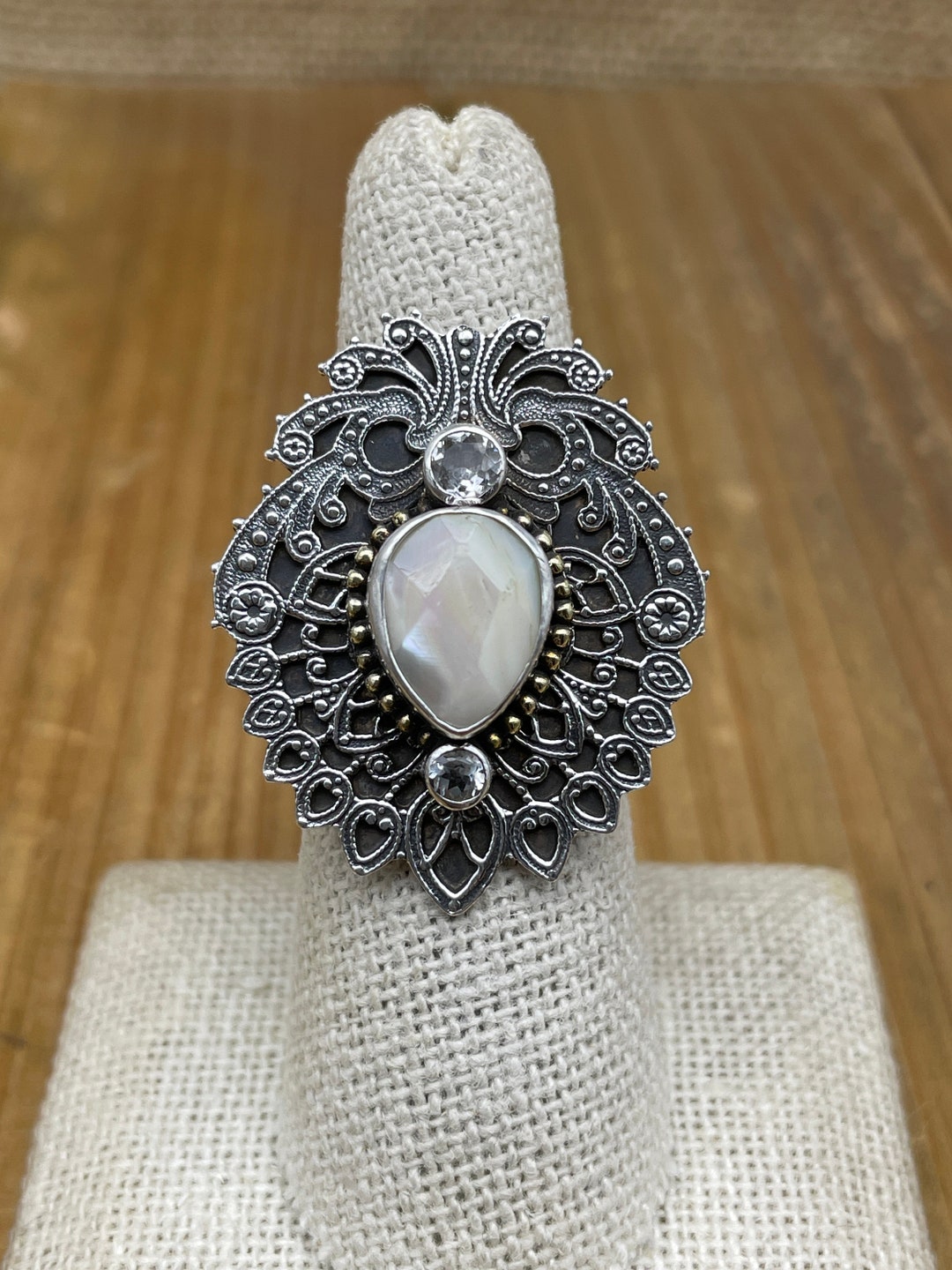 Vintage Sterling Silver Wide Band Mother of Pearl Filigree Ring Size 8. ...