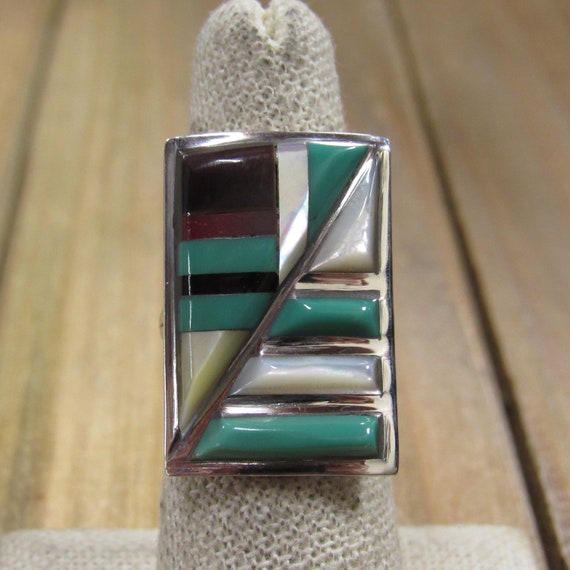 Rectangle Vintage Sterling Silver Multi Stone Inl… - image 1