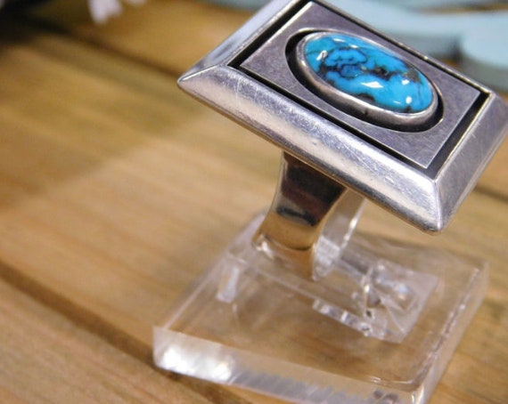 Contemporary Silver Turquoise Large Square Ring S… - image 3