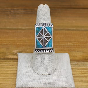 Vintage Sterling Silver Turquoise and Shell Chip Inlay Ring Size 8