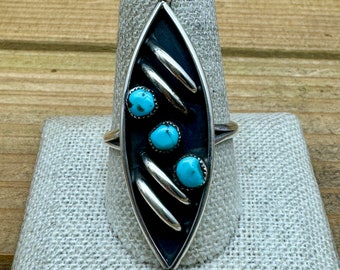 Vintage Sterling Silver Oxidized 3 Turquoise Stone Marquise Style Ring Size 11.5