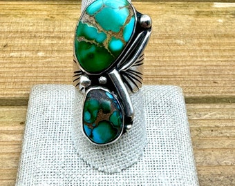 Vintage Sterling Silver Stunning Two Turquoise Stone Ring Size 9.25