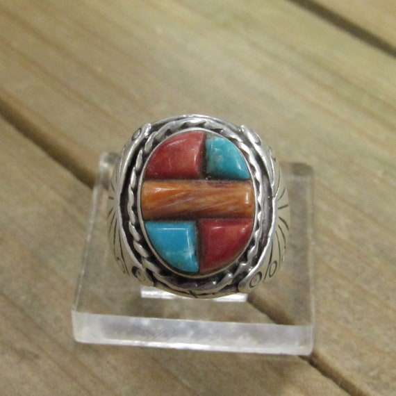 Vintage Sterling Silver Inlay Ring Size 8 - image 1