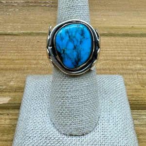 Vintage Sterling Silver Blue Turquoise Ring with Fanned Sides Size 7.25-RESERVED FOR CUSTOMER