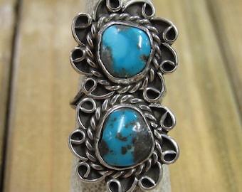 Vintage Sterling Silver Double Stone Turquoise Ring Size 5.5