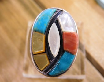 Turquoise, Spiny Oyster, White and Yellow Lip Shell Mens Inlay Ring Size: 10.5
