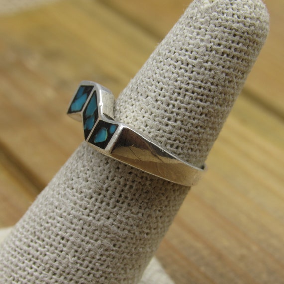 Vintage Sterling Silver Turquoise Jet Chip Inlay … - image 2