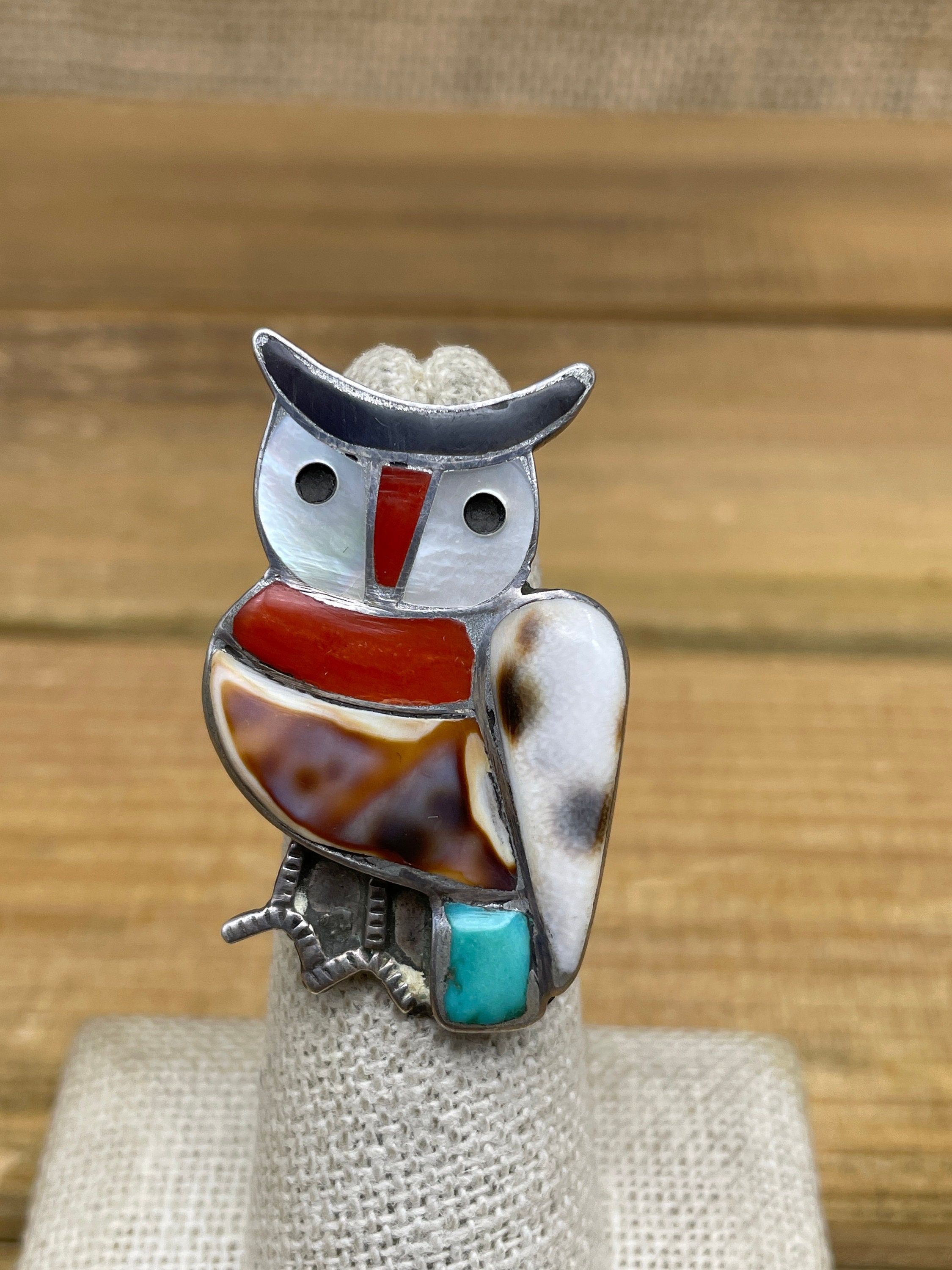 Vintage Sterling Silver Owl Multi-Stone Inlay Ring Size 6
