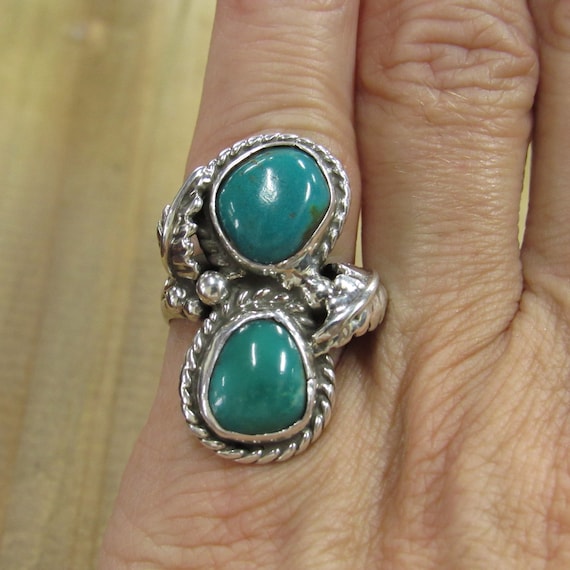 Vintage Sterling Silver Two Stone Turquoise Ring … - image 5