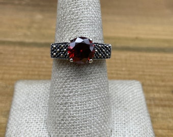 Vintage Sterling Silver Red Faceted Stone and Marcasite Ring Size 8
