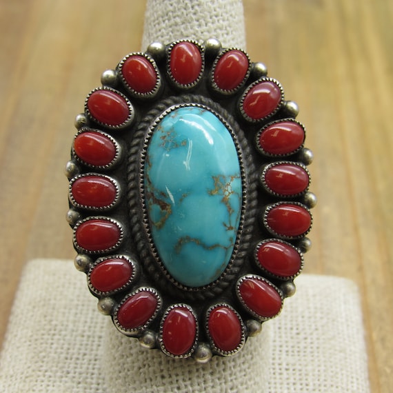 Exquisite Vintage Sterling Silver Turquoise and Coral Ring - Etsy