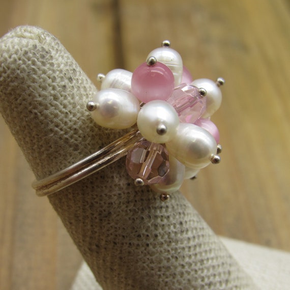 Vintage Sterling Silver Cultured Pearl and Pink B… - image 3