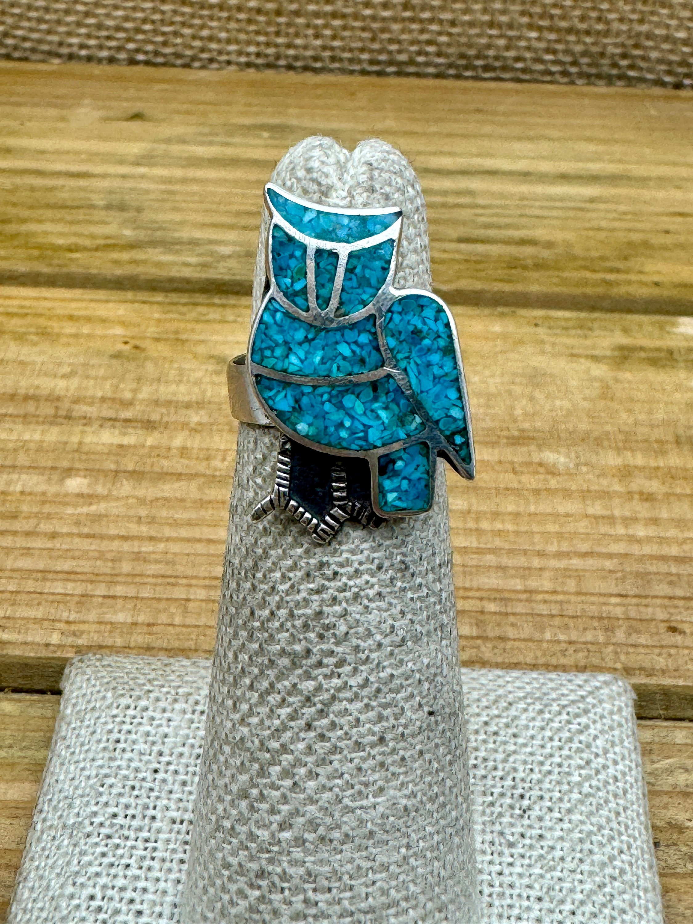 Vintage Sterling Silver Turquoise Chip Inlay Owl Ring Size 4.25