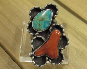 Vintage Sterling Silver Turquoise and Branch Coral Multi Stone Ring Size 6
