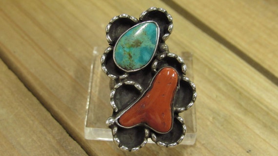 Vintage Sterling Silver Turquoise and Branch Cora… - image 1