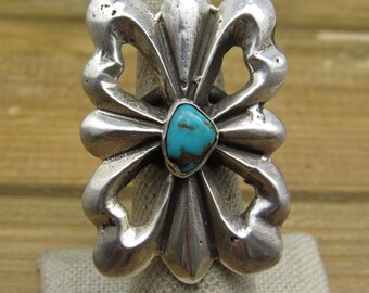 Vintage Sand-Cast Sterling Silver and Turquoise Concho Ring Size 6