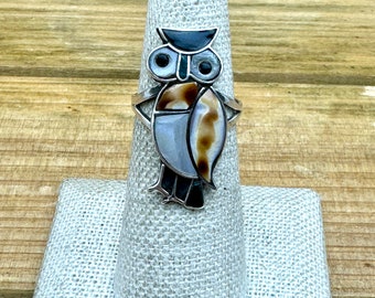 Vintage Sterling Silver Multi-Stone Inlay Owl Ring Size 7