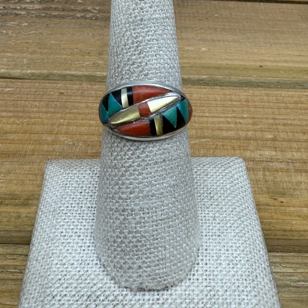 Vintage Sterling Silver Zuni Multi-Stone Inlay Ring Size 7.5