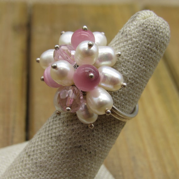Vintage Sterling Silver Cultured Pearl and Pink B… - image 2