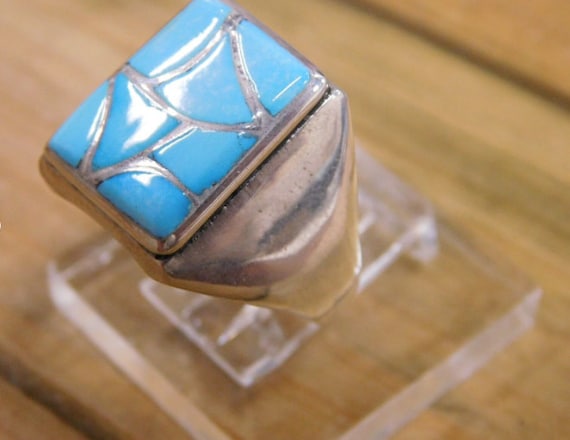 Navajo Turquoise Inlay Sterling Silver Ring Size … - image 2