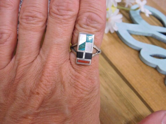 Sterling Silver Multi-Colored Inlay Ring Size 7.5 - image 5
