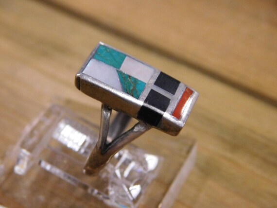Sterling Silver Multi-Colored Inlay Ring Size 7.5 - image 3