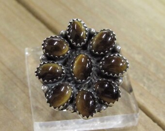 Vintage Sterling Silver Tiger's Eye Flower Ring Size 7.25