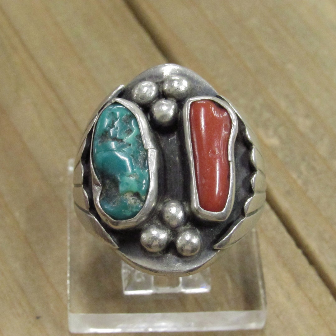 Vintage Sterling Silver Turquoise and Coral Men's Ring Size 10.5 - Etsy