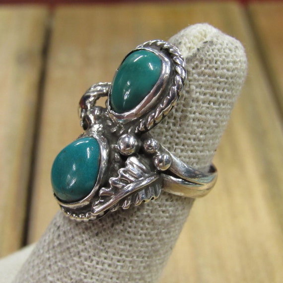 Vintage Sterling Silver Two Stone Turquoise Ring … - image 2