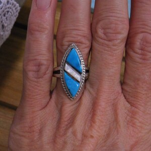 Vintage Sterling Silver Turquoise and Mother of Pearl Ring Size 6.75 image 4