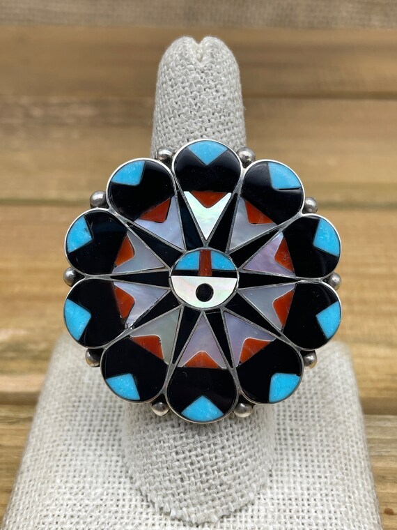 Vintage Zuni Multi Stone Inlay Sunface Sterling Silver Ring by 