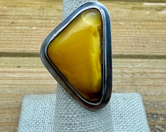 Vintage Sterling Silver Butterscotch Amber Adjustable Ring