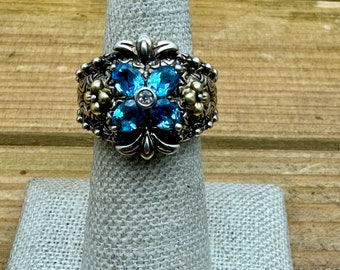 Vintage Sterling Silver and 18k Barbara Bixby Ornate Blue Topaz Ring Size 6.25