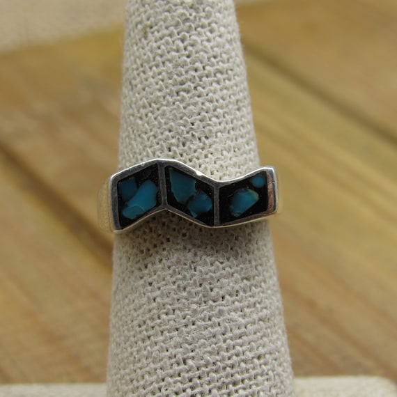 Vintage Sterling Silver Turquoise Jet Chip Inlay … - image 1