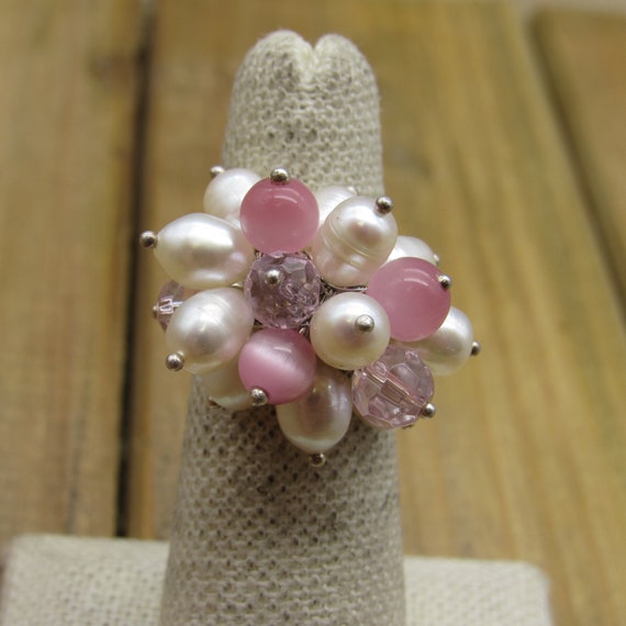 Vintage Sterling Silver Cultured Pearl and Pink B… - image 1