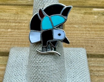 Vintage Sterling Multi Stone Inlay Bird Ring Size 8.75